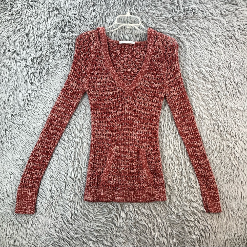 Maurices Sweater Womens Small Open Knit Vneck Hooded Long Sleeve Kangaroo Pocket